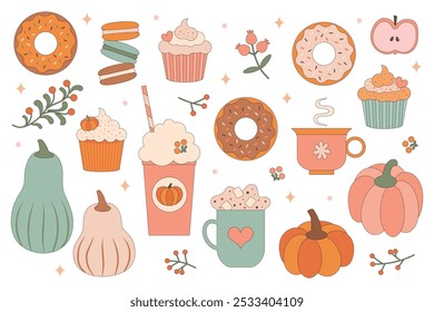 Abóbora Especiarias Sobremesas de outono e bebidas. Uma coleção de sobremesas e bebidas com temática de especiarias de abóbora, incluindo cupcakes, macarões, rosquinhas e canecas acolhedoras. Ilustração vetorial