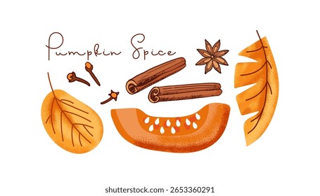 Caligrafia de abóbora de especiarias, fatia de legumes de abóbora e especiarias, alimentos e bebidas. Produto da época de outono. Canela e cravo, anis star spices Ilustração vetorial para scrapbooking, cartaz, cartão.