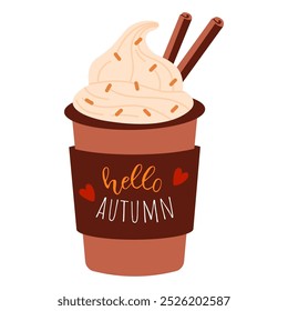 Pumpkin Spice Coffee Autumn hot drink isolated on white background. Seasonal flavored products, vector flat illustration