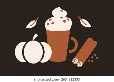 Pumpkin spice coffee with whipped cream, cinnamon sticks, pumpkin, and falling leaves. Autumn drink and seasonal beverage concept for design and print.