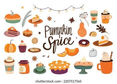 Pumpkin spice collection with seasonal flavored products, coffee, latte, pies and other sweet desserts, autumnal different elements isolated on white and hand lettering