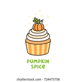 Pumpkin spice cupcake with whipped cream and small pumpkin, American Thanksgiving Day dessert. It can be used for card, mug, poster, t-shirts, phone case etc.