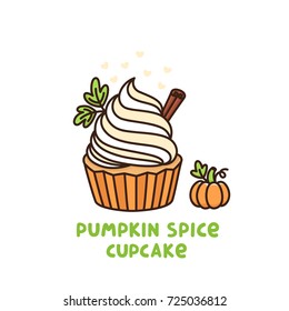 Pumpkin spice cupcake with whipped cream and small pumpkin, American Thanksgiving Day dessert. It can be used for card, mug, poster, t-shirts, phone case etc.