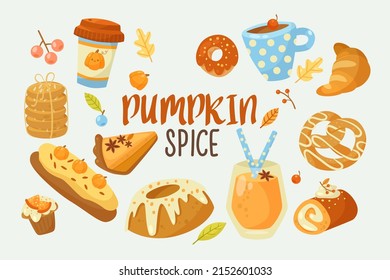 Pumpkin spice desserts and drinks cartoon illustration set. Tasty donuts, muffin, pie, cake. Cups of hot latte, coffee or sweet frappe. Halloween, fall, beverage, food concept