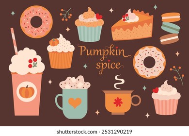 Pumpkin Spice Desserts and Drinks. A collection of pumpkin spice-themed desserts and drinks, including cupcakes, pie, donuts, and cozy mugs. Vector illustration