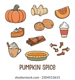 Pumpkin spice doodles. Set of pumpkin spice ingredients, seasonal flavored food and drinks