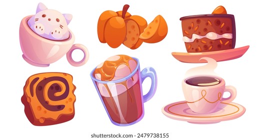 Bebida de especias de calabaza y postres establecidos aislados sobre fondo blanco. Ilustración de dibujos animados de Vector de pastel de queso picante, dulce caramelo latte, taza de chocolate caliente o cacao, menú de temporada de otoño en café