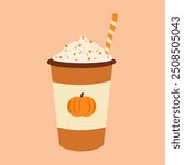 Pumpkin spice drink. Latte coffee with whipped cream in a paper cup. Hand-drawn vector illustration.