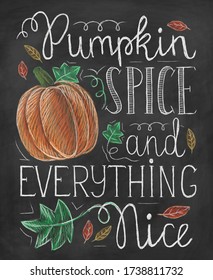 Pumpkin spice and everything nice chalk card vector illustration. Orange fresh gourd and leaves on chalkboard background flat style. Halloween holiday and fall concept