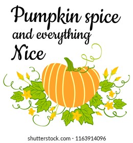 Pumpkin spice and everything nice.Autumn greeting card with hand drawn pumpkin,leaves and flowers. Vector illustration for banner, poster, menu labels, packaging design food,web and print design