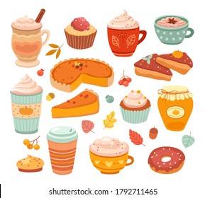 Pumpkin spice. Fall season aroma product, autumn sweet baking. Delicious flavors pastry dessert, food and latte coffee vector illustration