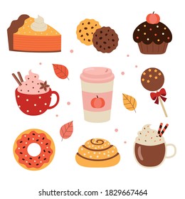 Pumpkin spice. Fall season sweet baking. Various pastry desserts and latte coffee. Tasty food set. Flat vector illustration.