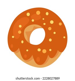 Pumpkin spice flavored doughnut cartoon illustration. Cartoon drawing of tasty glazed donut isolated on white background. Halloween, fall, food, pastry concept