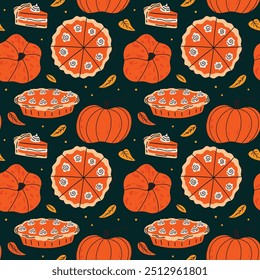 Pumpkin spice flavored food and drinks vector seamless pattern design. Pumpkin pie, autumn leaves, fall season menu illustration in flat cartoon retro groovy funky style
