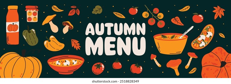 Especiarias de abóbora temperado alimentos e bebidas vetor horizontal banner design. Elementos de menu de ilustração de desenhos animados sazonais de outono: sopa de abóbora, cogumelos, tomates
