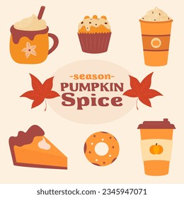 Pumpkin spice flavored foods and drinks. Season elements. Autumn sweet desserts. Muffin, pie, coffee, donut.