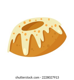 Pumpkin spice flavored pie cartoon illustration. Tasty bun with icing or glaze isolated on white background. Halloween, fall, food concept