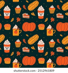 Comida de especias de calabaza y bebidas calientes Vector diseño de patrón sin fisuras. Hojas de otoño, menú de temporada de otoño plana ilustración de dibujos animados coloridos. latte con sabor, pastel, cupcake, pastel dulce