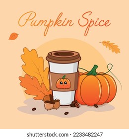 Pumpkin spice graphic vector illustration. Pumpkin, pumpkin latte, coffee in a cup. Cute autumn, fall background: pumpkin, coffee cup, leaves, coffee beans, nuts, acorns