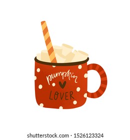 Pumpkin spice homemade latte flat vector illustration. Tasty cappuccino with marshmallow and candy cane isolated on white. Fall season hot sweet beverage in red cup. mocha drink in mug.