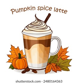 Pumpkin Spice Latte Autumn Coffee Drink icon. Mug with pumpkin latte isolated on white background. Hot drink cartoon icon in cartoon style with text autumn leaves and pumpkin.