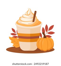 Pumpkin spice latte, autumn coffee in orange paper cup.Hot delicious autumn seasonal drink. Cozy fall illustration. Flat vector isolated on white background.