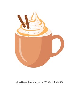 Pumpkin spice latte, autumn coffee in a mug.Hot delicious autumn seasonal drink. Flat vector isolated on white background.