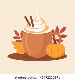 Pumpkin spice latte, autumn coffee in a cup.Hot delicious autumn seasonal drink. Cozy fall illustration. Flat vector isolated on white background.