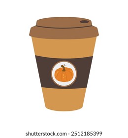 Pumpkin spice latte. Autumn delicious and hot coffee to go in a paper cup. Vector flat illustration.