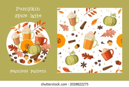 Pumpkin spice Latte. Autumn seamless pattern.