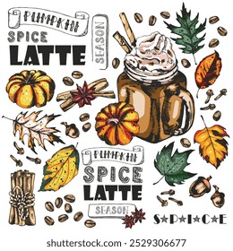 Kürbis Gewürz Latte Hintergrund. Coffeiniertes Getränk mit Gewürzen, Blättern, Kürbissen, Eicheln und Kaffeebohnen auf einem Lichtfeld. Vektorgrafik im Doodle-Stil. Gut für Café-Menü, Anzeigen, Poster