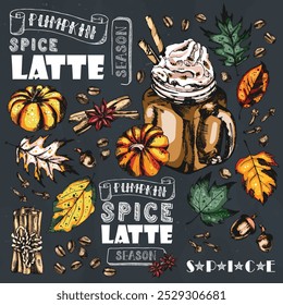 Kürbis Gewürz Latte Hintergrund. Coffeiniertes Getränk mit Gewürzen, Blättern, Kürbissen, Eicheln und Kaffeebohnen auf einem dunklen Feld. Vektorgrafik im Doodle-Stil. Gut für Café-Menü, Anzeigen, Poster