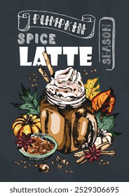 Kürbis Gewürz Latte Hintergrund. Coffeiniertes Getränk mit Gewürzen, Blättern, Kürbissen, Eicheln und Kaffeebohnen auf einem dunklen Feld. Vektorgrafik im Doodle-Stil. Gut für Café-Menü, Anzeigen, Poster