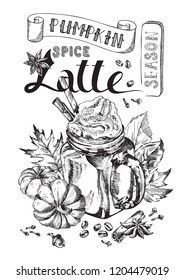 Pumpkin Spice Latte Coffee, Autumn Holiday Hot Drink Illustration. Festive beverage with title, spice and fall foliage decoration, acorns. Engraved style vector artwork. Good for cafe menus, bar ads