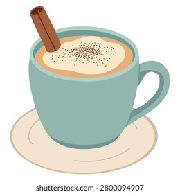 Pumpkin spice latte coffee with cinnamon stick in blue cup