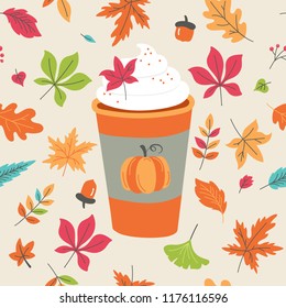 Pumpkin spice latte coffee cup for autumn menu or greeting card design. Vector illustration