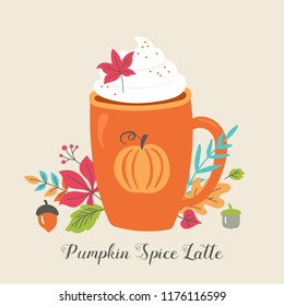 Pumpkin spice latte coffee cup for autumn menu or greeting card design. Vector illustration