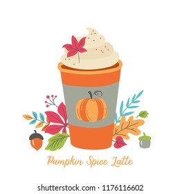 Pumpkin spice latte coffee cup for autumn menu or greeting card design. Vector illustration