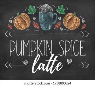 Pumpkin spice latte coffee cup for autumn menu vector illustration. Chalk card with aromatic beverage and fresh orange gourd flat style design. Fall concept