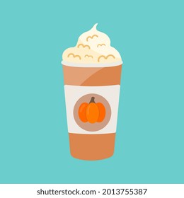 Pumpkin spice latte coffee cup. Seasonal hot drink isolated on blue background. Illustration for autumn menu or greeting cards. 