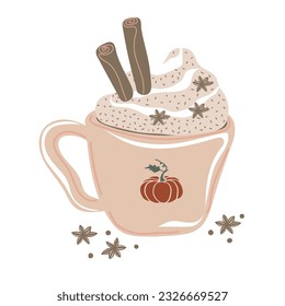 Pumpkin spice latte coffee cup for autumn menu or greeting card design. Seasonal hot drink with foam, cream, cinnamon. Vector illustration