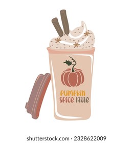 Pumpkin spice latte coffee cup for autumn menu or greeting card design. Seasonal hot drink. Vector illustration