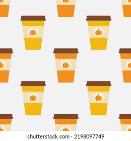 Pumpkin spice latte coffee cups autumn seamless pattern. Vector illustration.