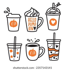 Ilustración vectorial del dibujo del café con leche de calabaza. El conjunto incluye café helado, café caliente y para tomar un café.