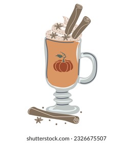 Pumpkin spice latte coffee mug for autumn menu or greeting card design. Seasonal hot drink with foam, cream, cinnamon. Vector illustration