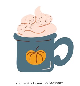 Pumpkin spice latte, coffee mug icon, vector illustration of autumn hot drink, thanksgiving and halloween beverage, doodle for cafe menu, isolated colored clipart on white background