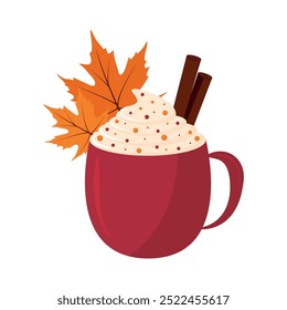 Pumpkin spice latte coffee mug with maple leaves for autumn greeting card design. Seasonal hot drink with foam, cream, cinnamon. Vector illustration