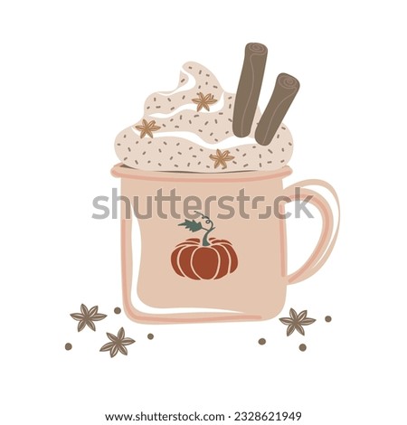 Pumpkin spice latte coffee mug for autumn menu or greeting card design. Seasonal hot drink with foam, cream, cinnamon. Vector illustration