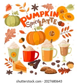 Pumpkin spice latte. Cozy, autumn set. Vector, isolated.