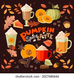 Pumpkin spice latte. Cozy, autumn set. Vector, isolated.